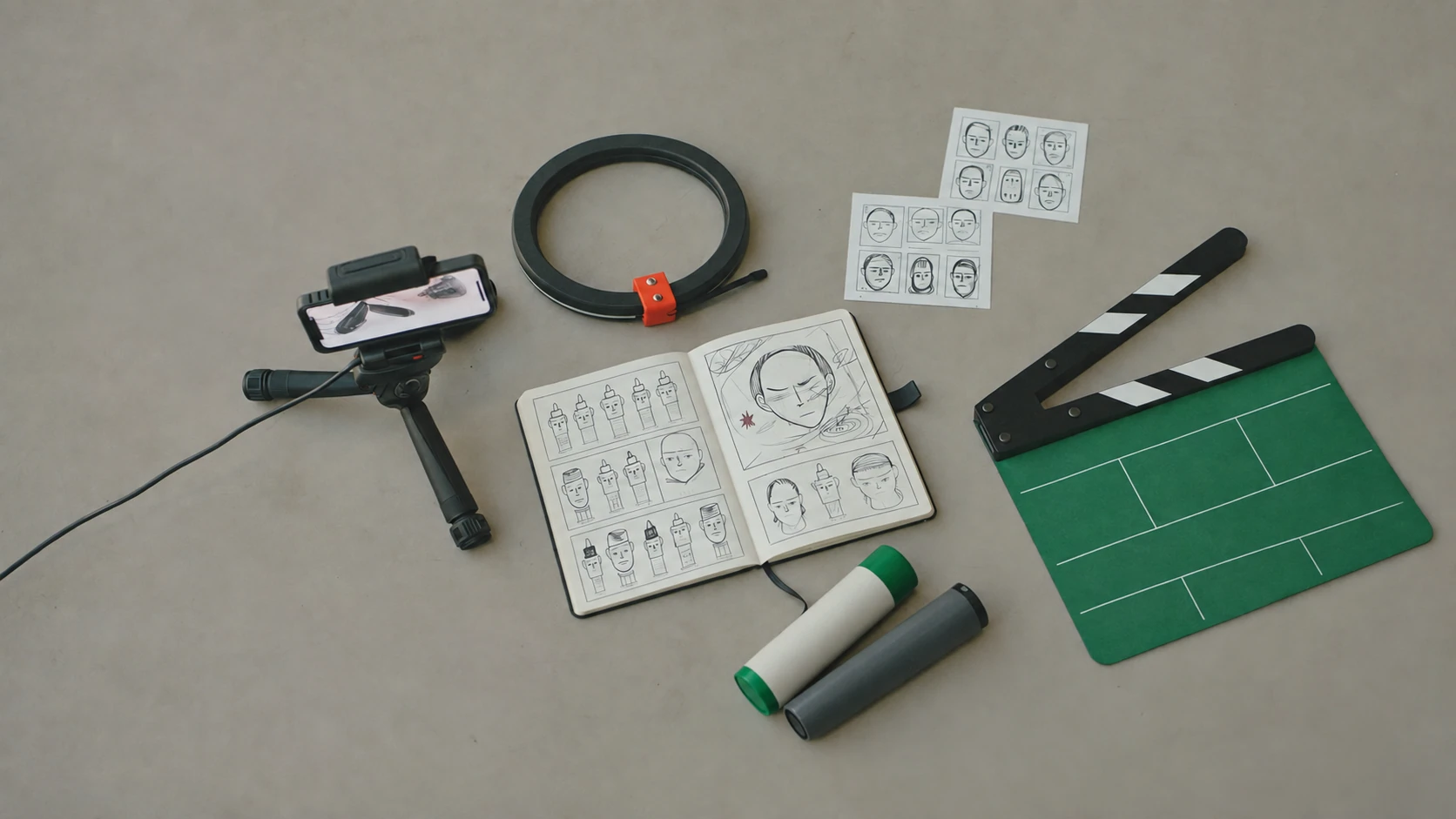 Creator content production flat-lay with phone, ring light and props